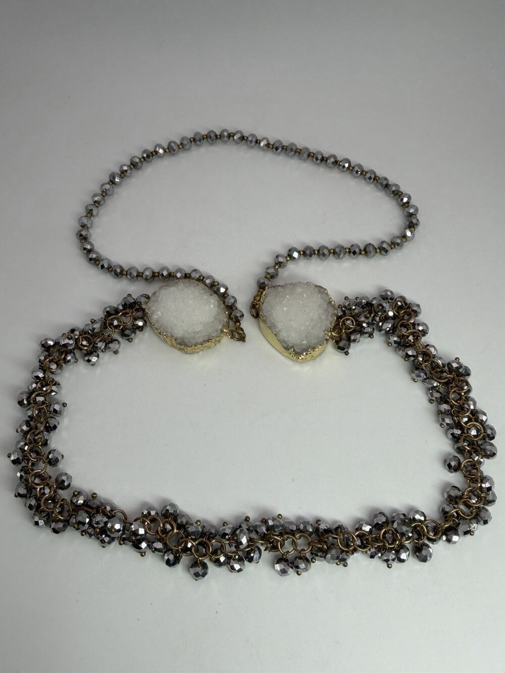 White Druzy Quartz Faceted Metallic Acrylic Beaded Statement Necklace Long 32"